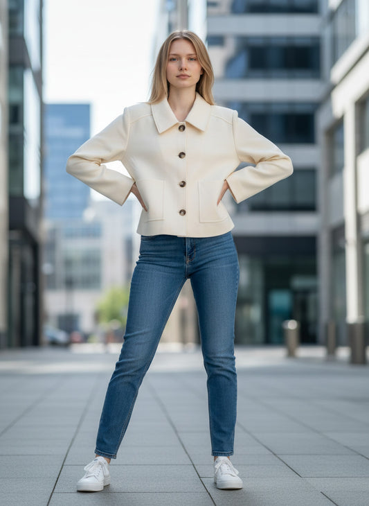 Magasin Dawo Herzensangelegenheit Jacke JANA in Mozarella mit Knopfleiste und Kragen, getragen mit blauer Jeans