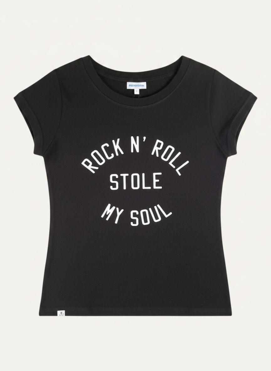 Schwarzes IYITO T-Shirt Lara aus Baumwolle mit weißem Rock n Roll Stole My Soul Schriftzug von Magasin Dawo