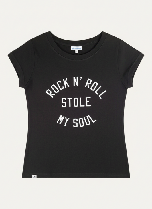 Schwarzes IYITO T-Shirt Lara aus Baumwolle mit weißem Rock n Roll Stole My Soul Schriftzug von Magasin Dawo
