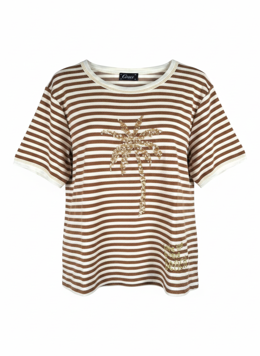 Magasin Dawo gestreiftes Frottee-Shirt in Tabakbraun mit goldener Palmen-Paillettenstickerei und Rundhalsausschnitt