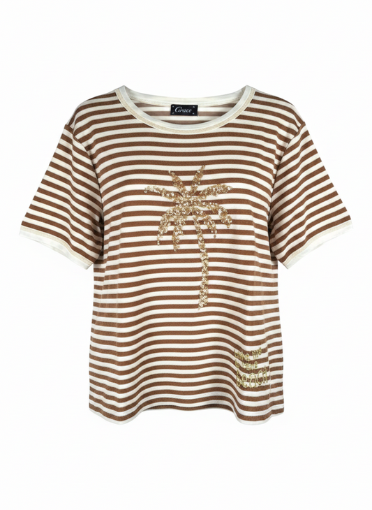 Magasin Dawo gestreiftes Frottee-Shirt in Tabakbraun mit goldener Palmen-Paillettenstickerei und Rundhalsausschnitt