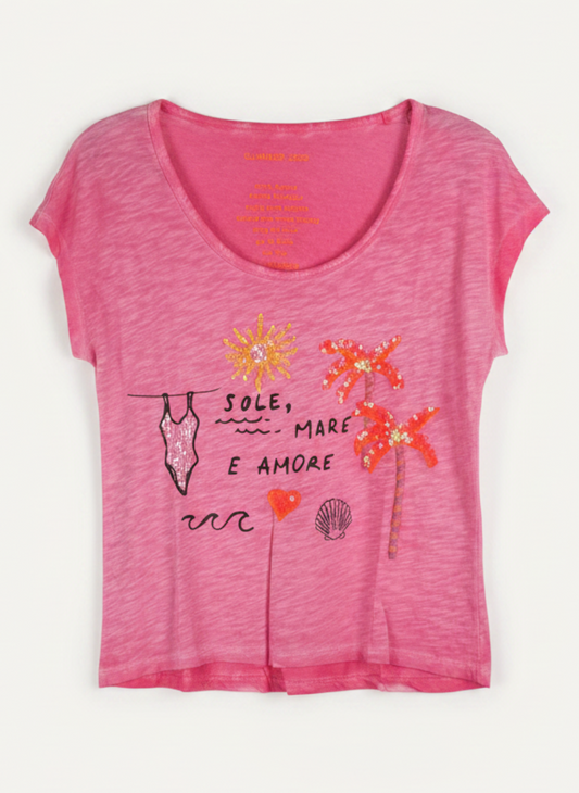 Magasin Dawo Grace Shirt in Rose aus 100% Baumwolle mit sommerlichem Sole Mare Amore Pailletten-Print