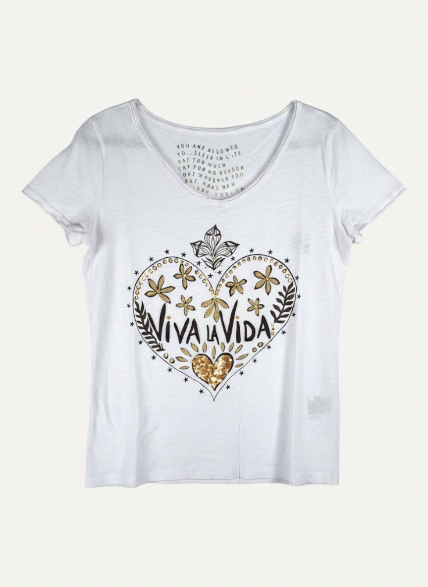 Weißes Magasin Dawo Grace Shirt aus Baumwolle mit Viva la Vida Herz-Print und goldenen Details