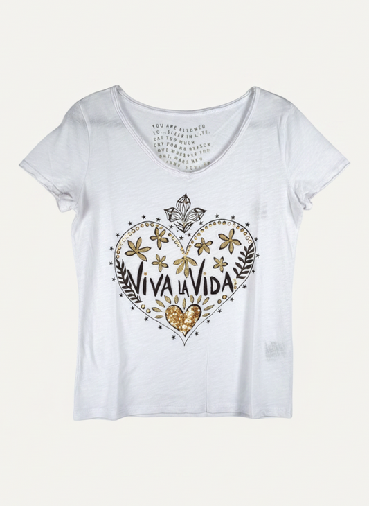 Weißes Magasin Dawo Grace Shirt aus Baumwolle mit Viva la Vida Herz-Print und goldenen Details