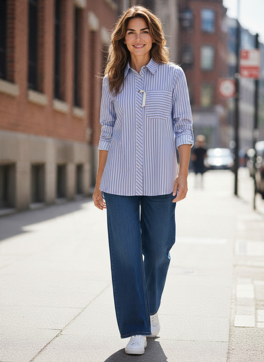 VON & ZU Bluse blau/braun gestreift