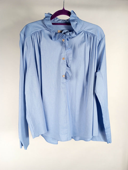 VON & ZU Bluse blau-grau mit Rüschen