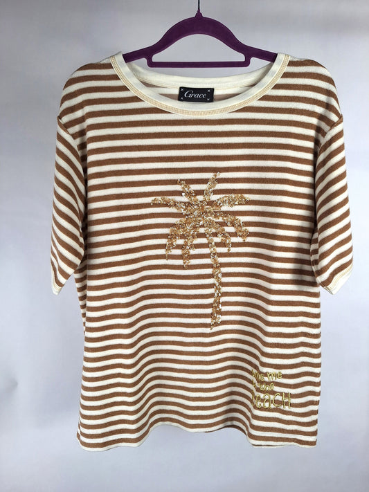 Grace Frotteeshirt Ringel Palme tabac pailletten