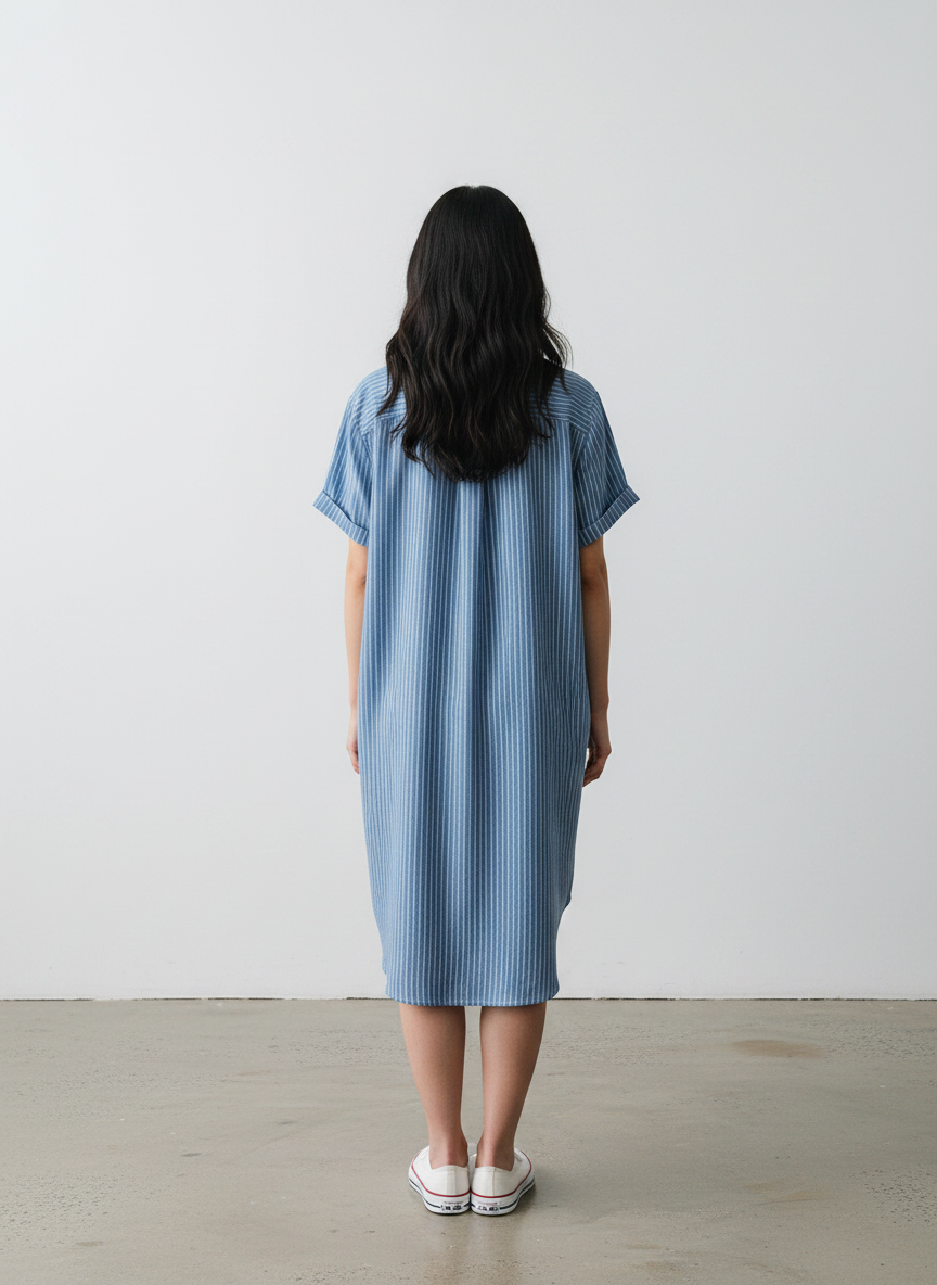 Magasin Dawo Bella Dahl Hemdkleid aus blauem gestreiften Tencel in Midilänge von hinten