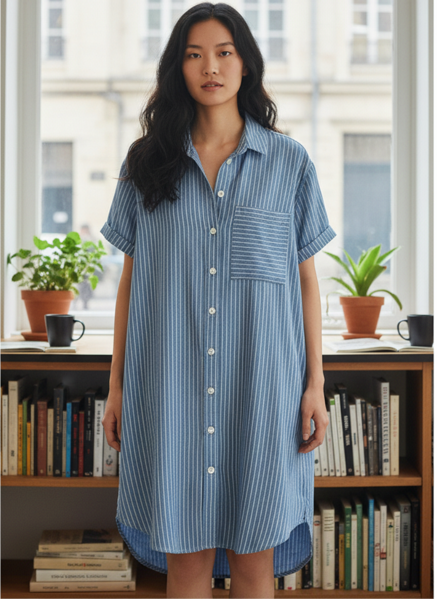 Magasin Dawo Bella Dahl Hemdkleid aus blauem gestreiftem Tencel mit Brusttasche und Knopfleiste
