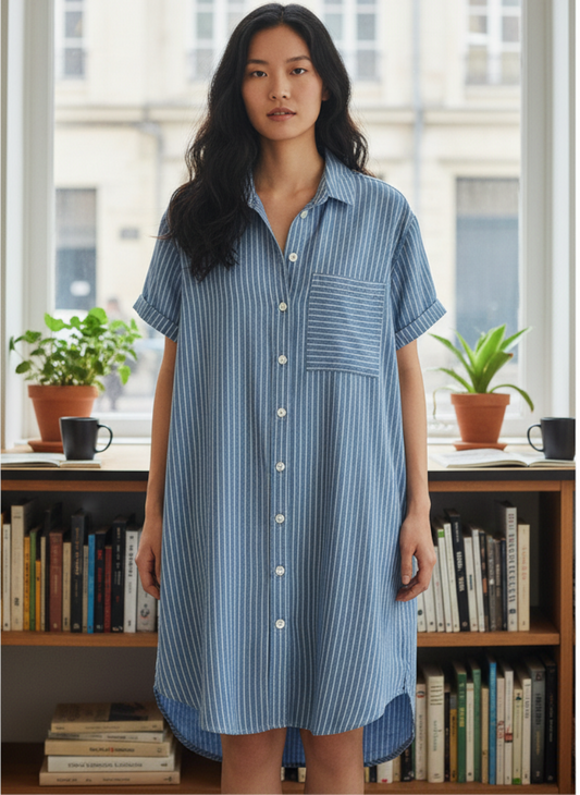 Magasin Dawo Bella Dahl Hemdkleid aus blauem gestreiftem Tencel mit Brusttasche und Knopfleiste