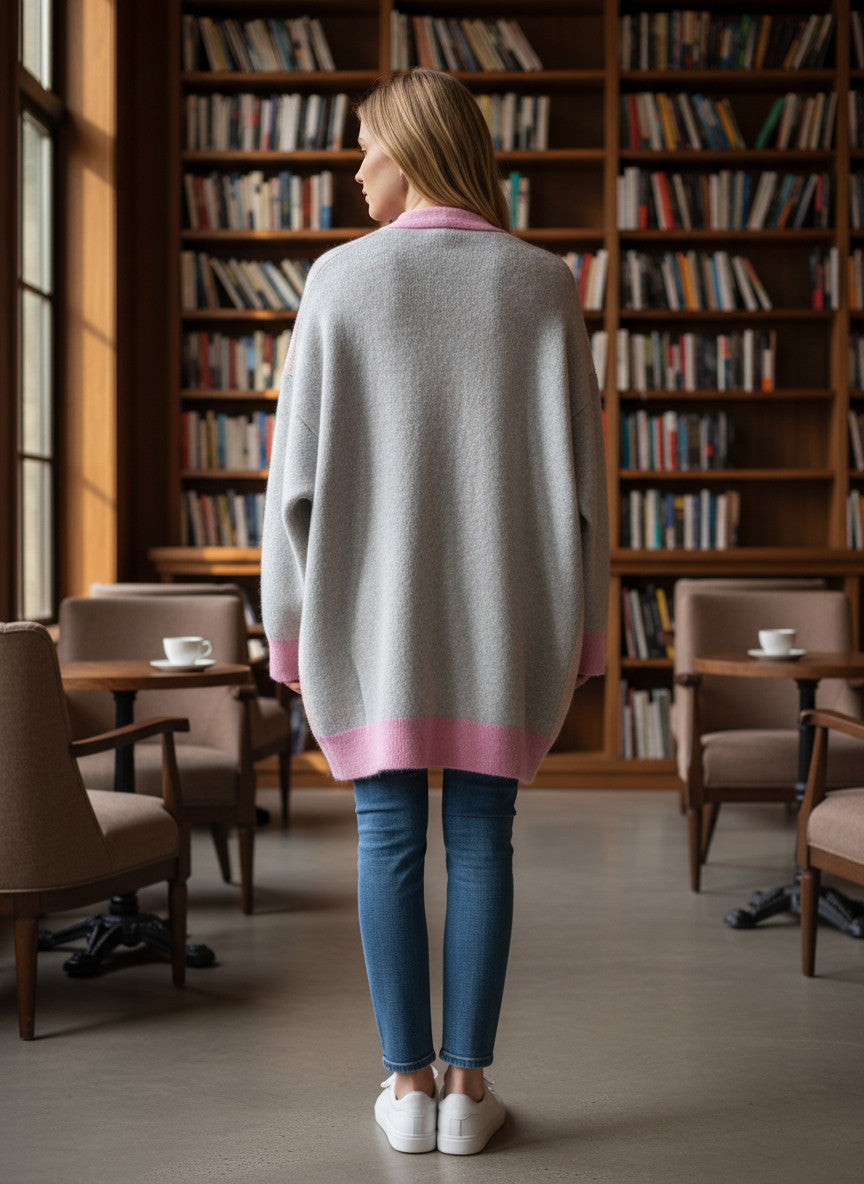 Magasin Dawo Cardigan in Grau und Rosa aus Mohair-Woll-Mix, Rückansicht an einer Frau in einer Bibliothek