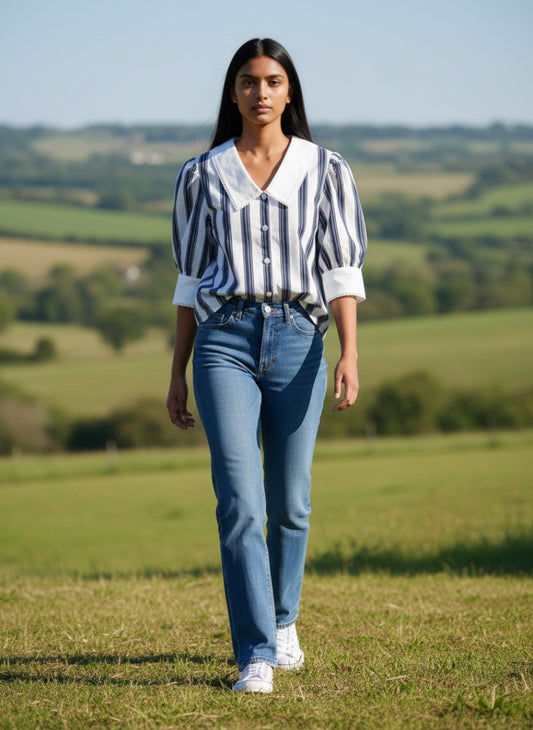 Model trägt eine gestreifte Herzensangelegenheit Bluse von Magasin Dawo mit weißem Kragen und Puffärmeln