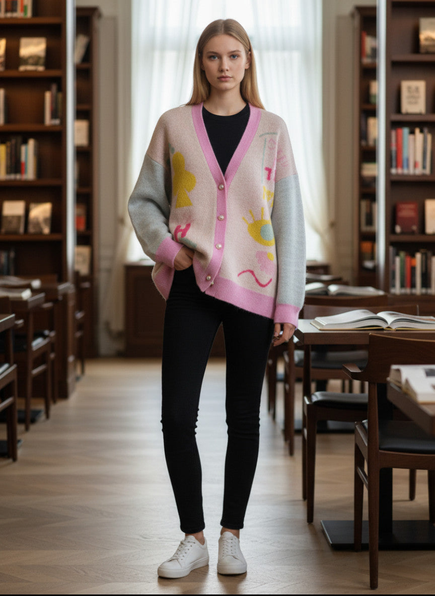 Magasin Dawo Herzensangelegenheit Cardigan in Feather Multi mit Mohair-Woll-Mix und verspieltem Grafikmuster