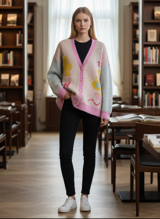 Magasin Dawo Herzensangelegenheit Cardigan in Feather Multi mit Mohair-Woll-Mix und verspieltem Grafikmuster