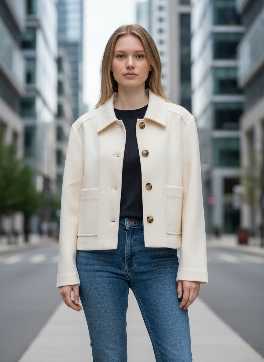 Magasin Dawo Herzensangelegenheit Jacke JANA in Mozarella-Creme mit Knöpfen und aufgesetzten Taschen