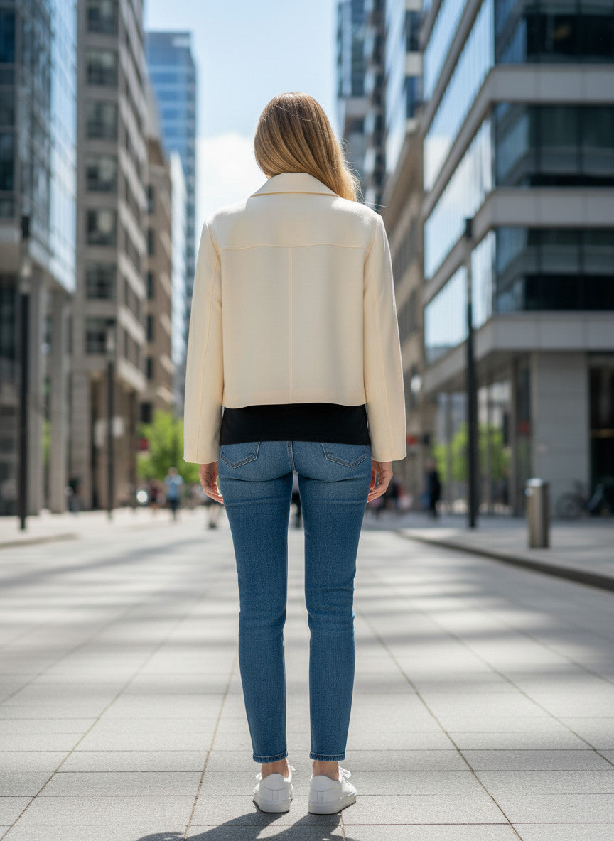 Magasin Dawo Herzensangelegenheit Jacke JANA in Mozarella-Creme, kurz geschnitten, getragen in einer Stadtkulisse