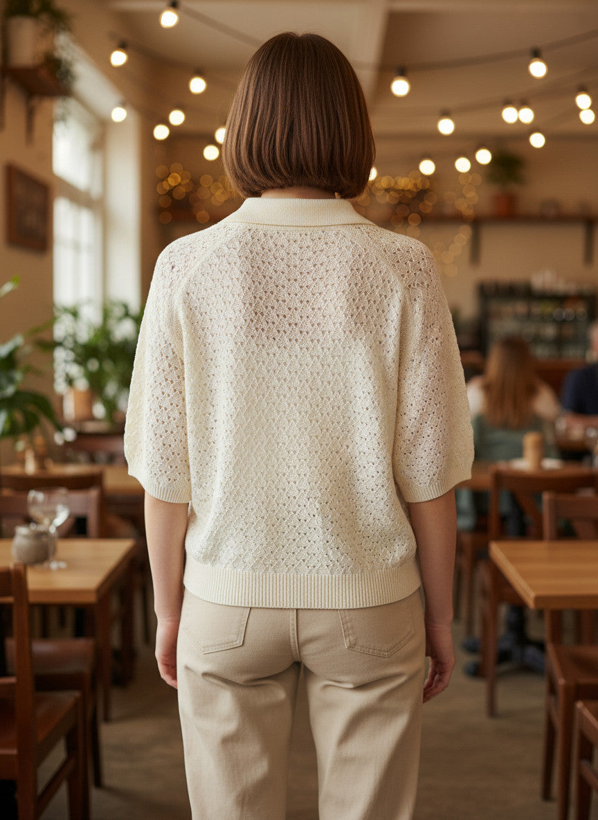 Magasin Dawo Herzensangelegenheit Polo-Pullover MIRA in Mozarella aus Wolle-Kaschmir-Mix mit Lochstrickmuster