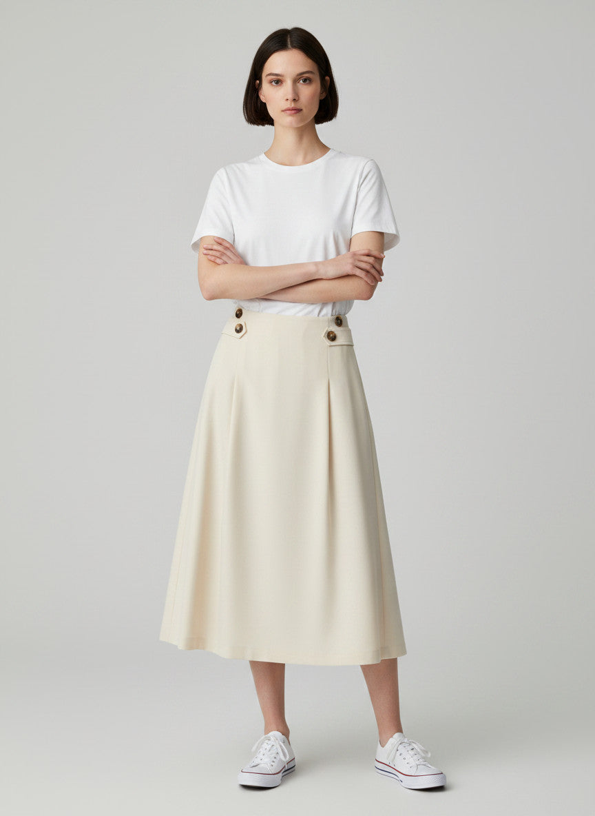 Magasin Dawo Herzensangelegenheit Rock RITA in Mozarella-Creme mit Knopfdetails und A-Linien-Schnitt
