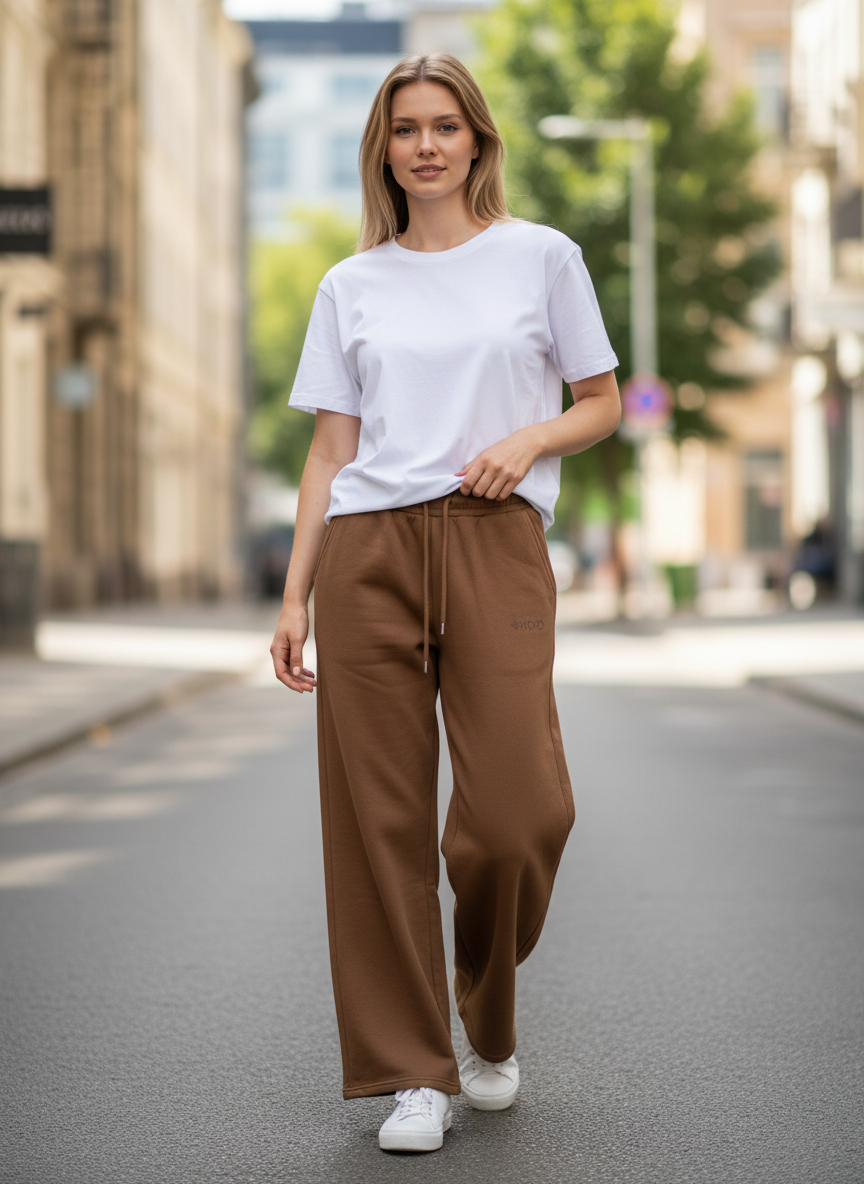 Magasin Dawo IYITO Hose Vera in Coconut Braun aus 100% Baumwolle mit Kordelzug, getragen von einer Frau auf der Straße