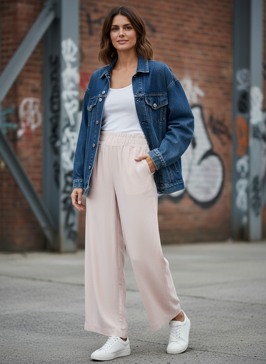 Magasin Dawo JcSophie Hose Marcy in Barley Pink aus Lyocell-Leinen-Mix mit weitem Bein und elastischem Bund