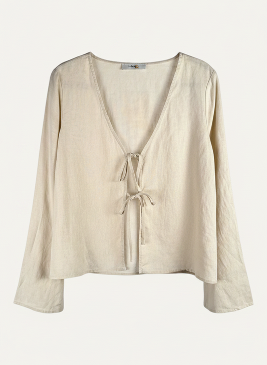 Magasin Dawo JcSophie Bluse Mandy aus beigem Leinen mit V-Ausschnitt und Bindebändern vorne