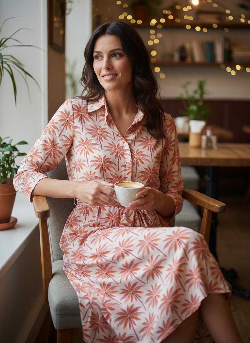 Magasin Dawo Marivie Kleid in Créme mit Palmenmuster, aus Polyester-Elastan-Mix, getragen in einem Café.