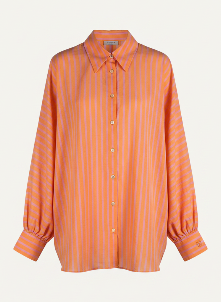 Magasin Dawo SOSUE Bluse Antonia aus korallenrosa gestreifter Baumwolle mit klassischem Kragen und langen Ärmeln