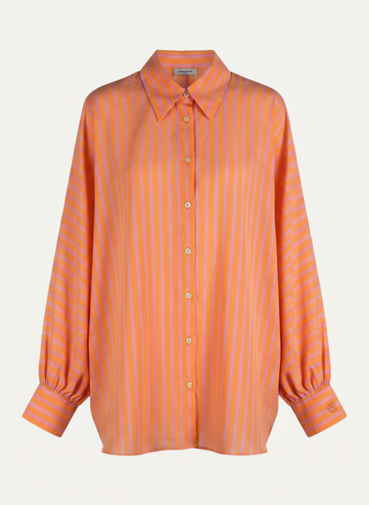 Magasin Dawo SOSUE Bluse Antonia aus korallenrosa gestreifter Baumwolle mit klassischem Kragen und langen Ärmeln