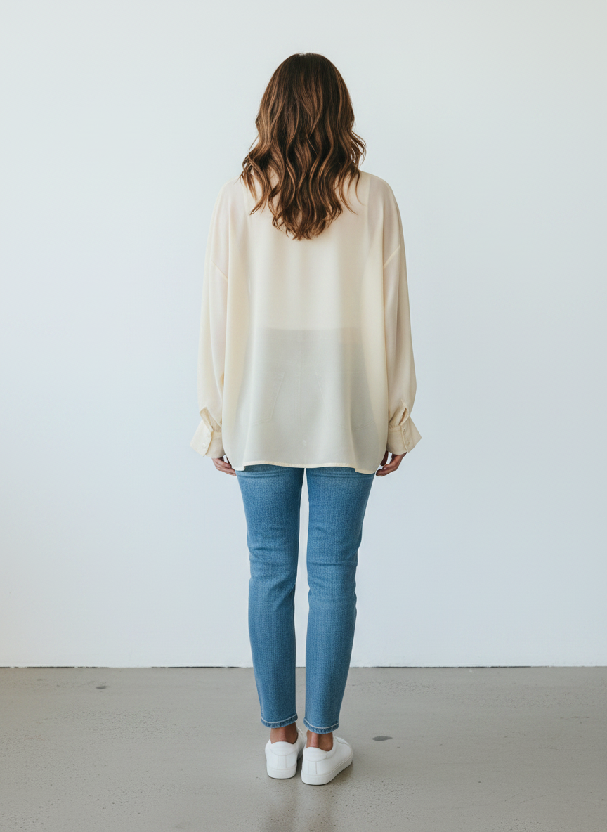 Magasin Dawo SOSUE Bluse Antonia in Panna aus 100% Baumwolle, Rückansicht an einem Model mit Jeans