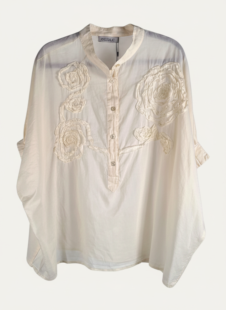 Magasin Dawo SOSUE Bluse Cowboy in Panna aus 100% Baumwolle mit floralen Applikationen und Stehkragen