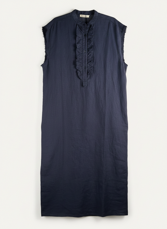 Magasin Dawo SOSUE Kleid Barcelona in Navy aus 100% Leinen mit Stehkragen und Rüschenbesatz
